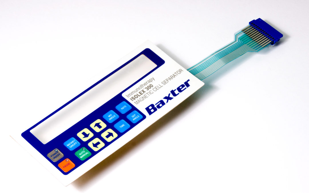 12-button, embossed key, membrane switch with integrated window, designed and manufactured for Baxter Healthcare